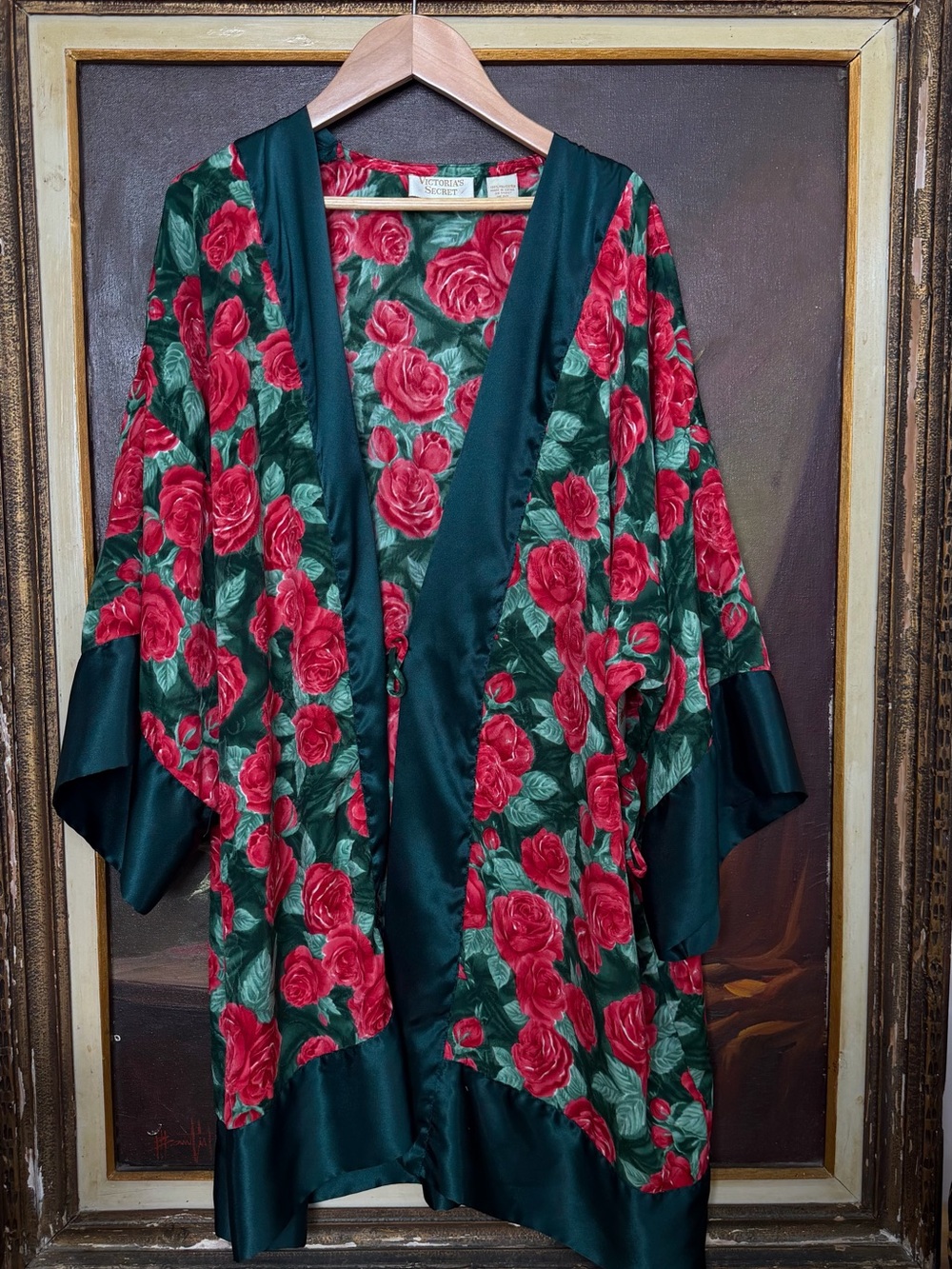 1980s vintage Victoria's Secret Green Satin Kimono Robe with Red Rose Print
